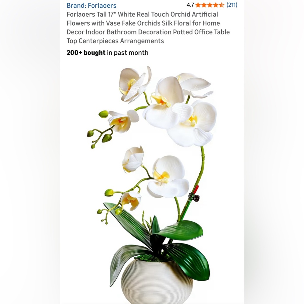 NIB White Faux Orchid In Vase 17" Real Touch Flower, Brand:Forlaoers Home Decor